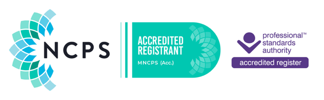 An accreditation mark that says: NCPS Accredited Registrant (MNCPS Acc.), Professional Standards Authority Accredited Register